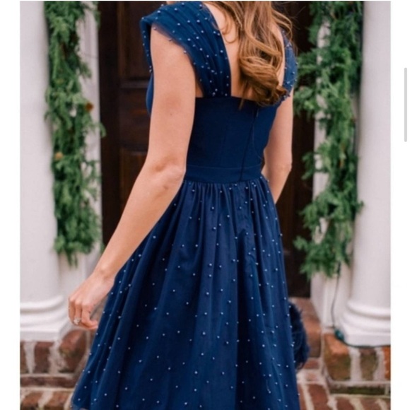 GAL MEETS GLAM Pleats Beaded Navy Blue Dress - Size 8 - Picture 3 of 7